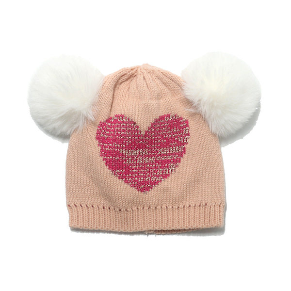 Dobbelte uldne huer med uldbolde, pigehjerte strikket hue Pink 52-54cm