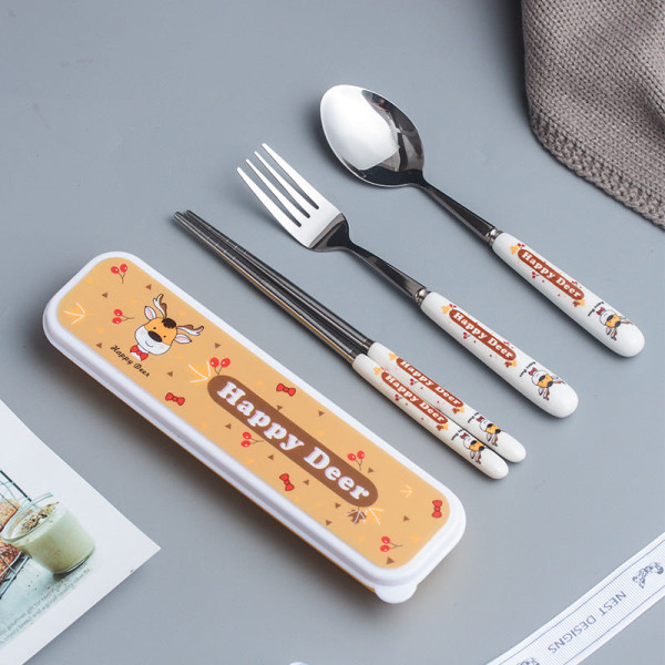 Keraaminen ruostumaton teräs astiasto lasten astiasto kolmiosainen sarjakuva kannettava astiasto haarukka lusikka ja syömäpuikkosetti Little Bunny three-piece set