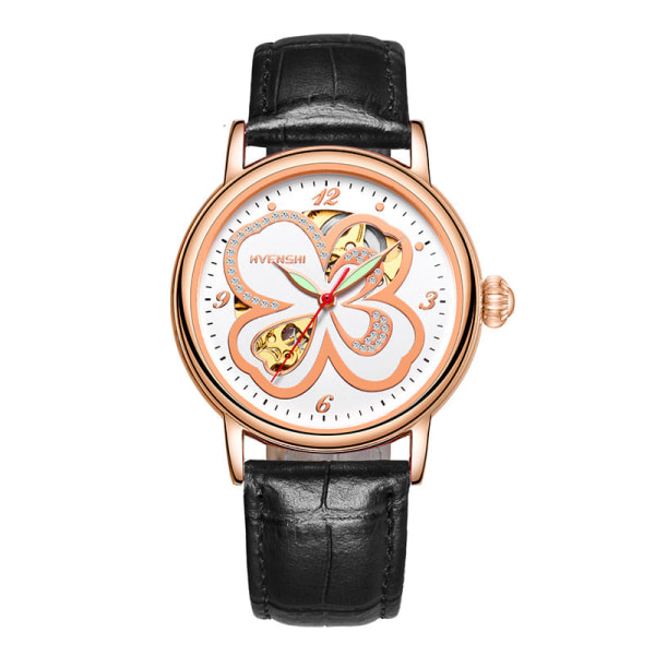 Huangshi Klocka Dam Hollow Luminous Automatisk Mekanisk Klocka Mode Bälte Business Damklocka Four-Leaf Clover white steel belt