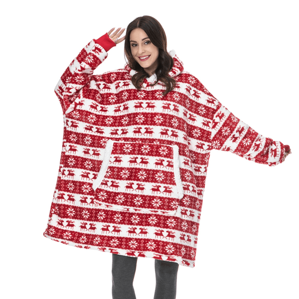 Vinter Oversized Hettegenser Teppe Med Ermer Fleece Genser Rutete Hette Dame Lomme Hettegenser Oversize Mykt Teppe Red Deer One Size