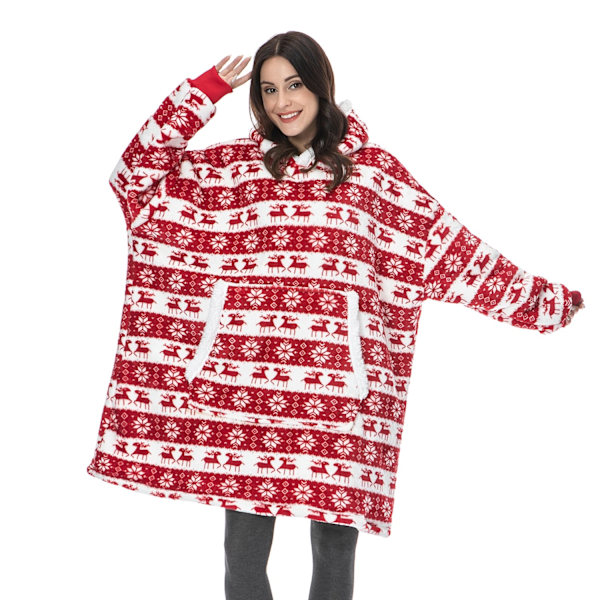 Vinter Oversized Hoodie Tæppe Med Ærmer Fleece Sweatshirt Plaid Hoody Kvinder Lomme Hættetrøje Oversize Blødt Tæppe Red Deer One Size