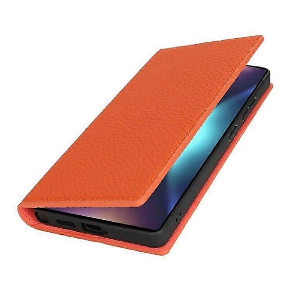 Plånboksfodral i äkta koläder med Litchi-textur för Samsung Galaxy S25 Ultra Orange