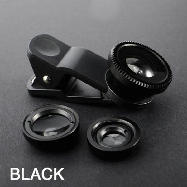 3-i-1 Fisheye Telefonlinse 0.67X Vidvinkel Zoom Fiskeøje Makro Linser Kamera Sæt Med Clip-on Linse Til Smartphone Black