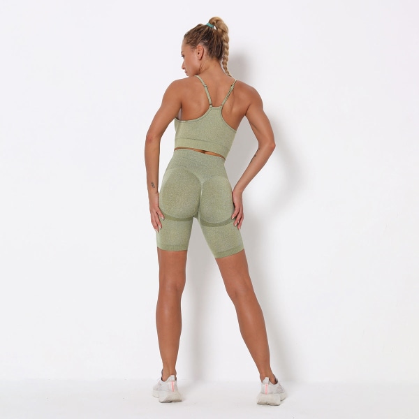 Europeiska och amerikanska stickade sömlösa hopfällbara persiko-höftlyftande yogashorts Sport Yoga Fitness Sport-BH Set 6205 bra shorts set-Army Green S