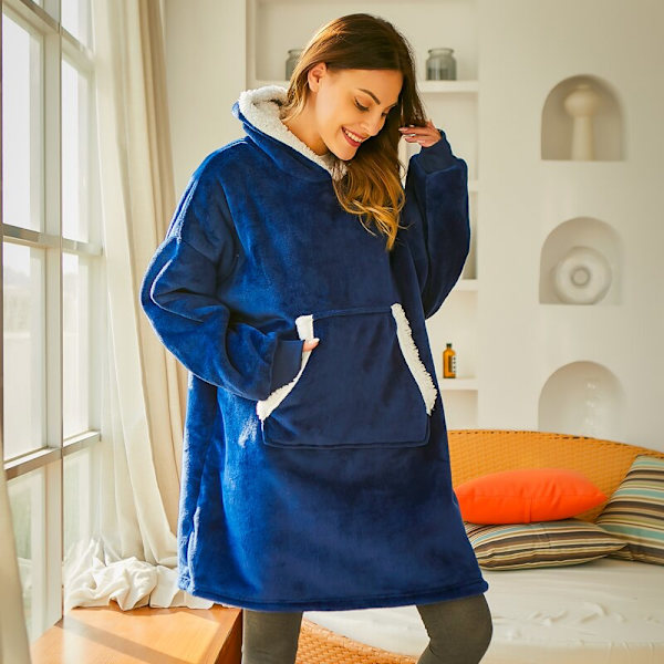 Dame Teppe Genser Kåpe Vinter Hettegensere Utendørs Hettejakker Varm Komfort Morgenkåpe Jule Fleece Teppe Sudadera Mujer 848 blue One Size