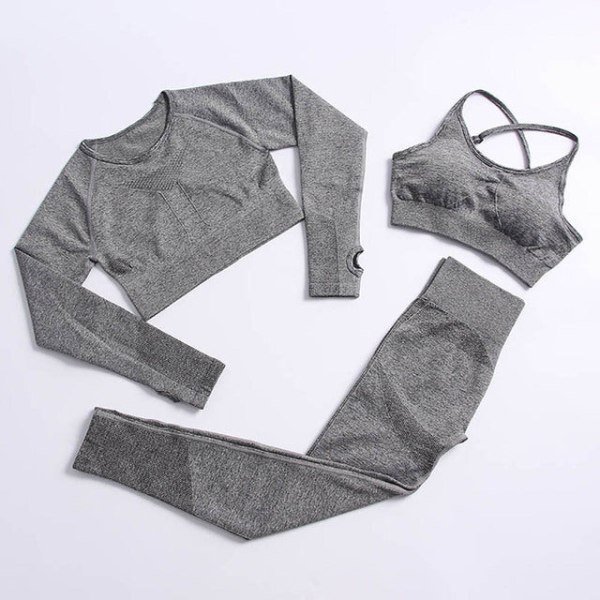 Set Gym Kläder Träningsoverall Byxor med hög midja Sport BH:ar för kvinnor 3Pcs Set-Dark Gray XL