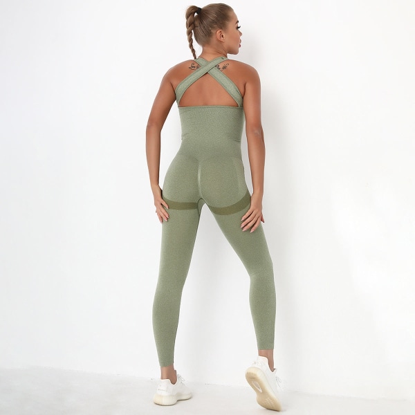Europeisk och amerikansk sömlös Sexig Peach Hip Pocket Yoga Body Snabbtorkande Fitness Sport Ryggformning Yogakläder One-Piece 6205 jumpsuit-Army Green L