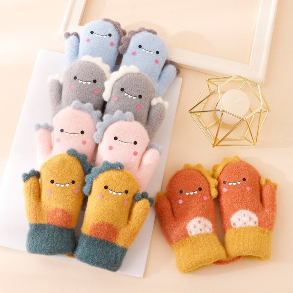 Tegneserie Dinosaur Babyhansker Varme Høst Vinter Barn Jente Gutt Fullfingerhansker Strikkede Tykke Utendørs Småbarnvotter Blue