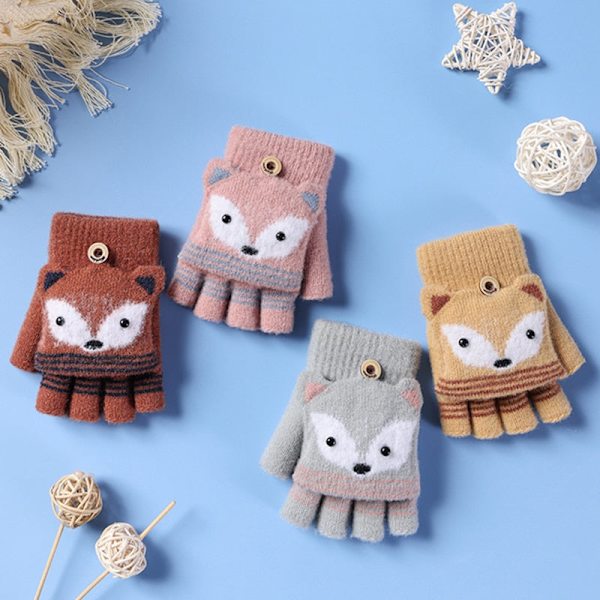 Småbørn Vinter Strikkede Fingerløse Tegneserie Handsker Tykke Varme Udendørs Skrive Konvertible Flip Top Halv Finger Vanter 6-10 År Gray Dino