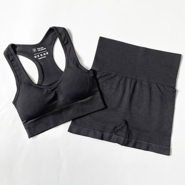 Joogasetti Saumattomat Urheiluvaatteet Treenaus Urheilu Leggingsit+Toppi+Rintaliivit Kuntosetti Nainen Bra shorts Black M