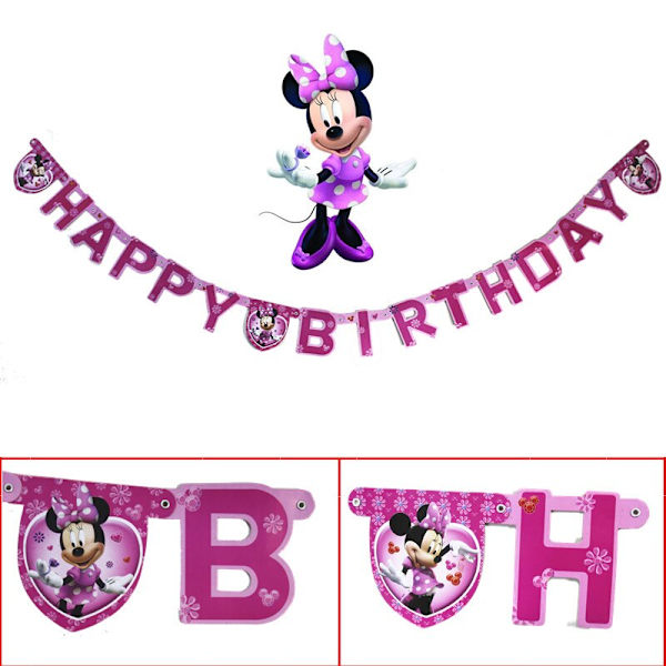 Minnie Mouse Engångsservis Set Barn Födelsedagsfest Tillbehör Papperstallrik Mugg Servett Flagga Flicka Rosa Bröllopstårta Dekoration Birthday falg