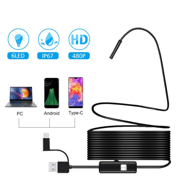 7mm Mini Endoskop Kamera Vandtæt 3 i 1 Endoscopio USB Android til Otg Type C Smartphone PC Slangekamera til Fiskefinder Bil 2m Hard wire