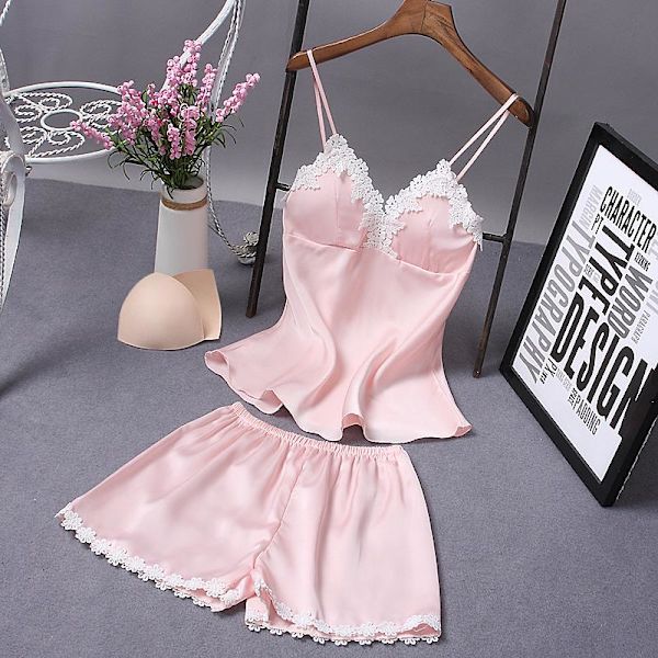 Sexiga spets pyjamas nattlinne shorts set sovkläder för dam Light pink M