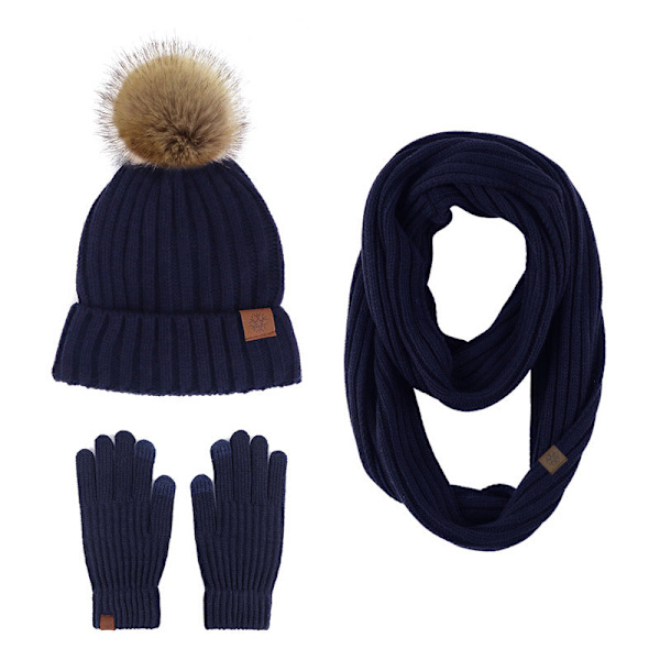 Stickad Mössa Halsduk Handskar Tredelat Set Utomhus Håll Varmt Halsduksset Navy blue three-piece set