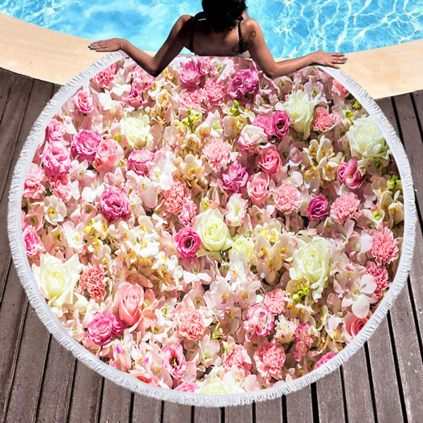 Kawaii Blommor Rosbuske Rosa Strand Badhandduk Rund Havsfilt Strand Yoga Matta Picknickmatta Absorberande Manteau Kappa 9