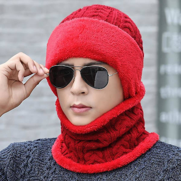 Ny Unisex Vintermössa med Fleecefoder Ull Varm Stickad Mössa Set Tjock Mjuk Stretch Vintermössor För Män Kvinnor Fritid Beanie Mössa Red 55cm-62cm