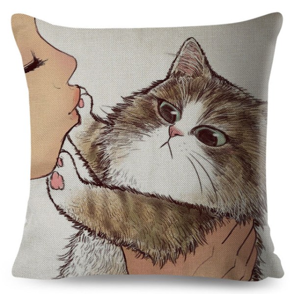 Roliga Kärlek Kyss Söta Katt Kuddfodral för Soffa Hem Bil Kuddfodral Dekor Tecknad Kudde 45x45cm 450mm*450mm 2