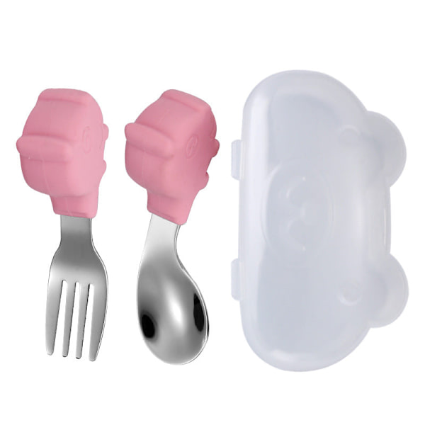 Vauvan haarukka ja lusikka integroidulla silikageelikiinnikkeellä taaperon ruokailuun tarkoitettu lautanen lasten astiasto Curved spork-transparent boxed-pink