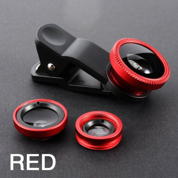 3-i-1 Fisheye Vidvinkel Mikro Kameralinse for iPhone Xiaomi Redmi 3-i-1 Zoom Fisheye-linse på Smarttelefonlinser med Telefonklips Red