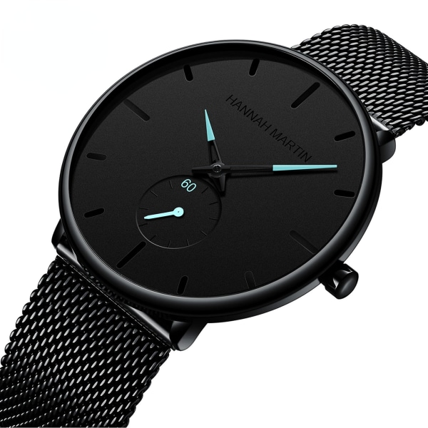 Svart Vanntett Klokke Personlighet Mote Populær Student Herre Quartz Klokke HM100G blue needle