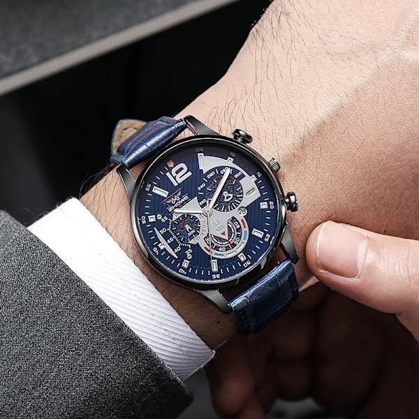 Læderbælte Business Ur Mode Ur Herreur Kalender Quartz Ur Herreur White steel blue face