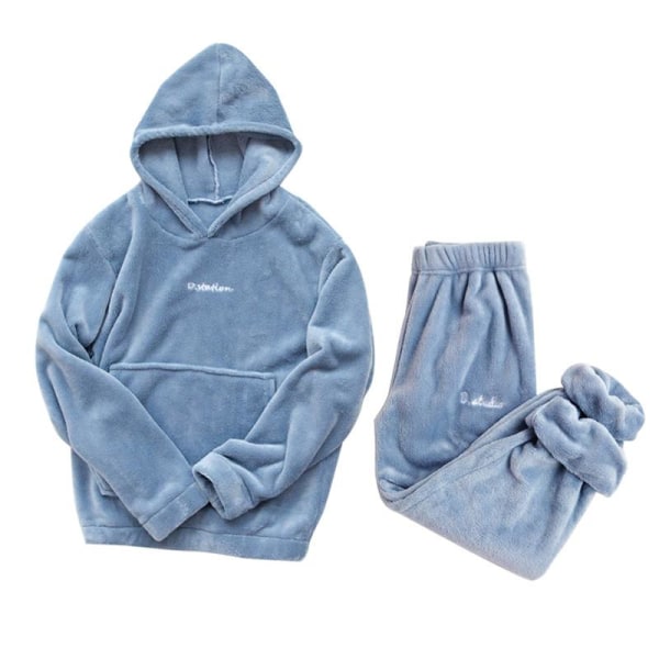 Kvinnor Vinter Pyjamas Set Varma Hemkläder Vinter Sovkläder Kvinnliga Flanell Byxor Kostym Blue L