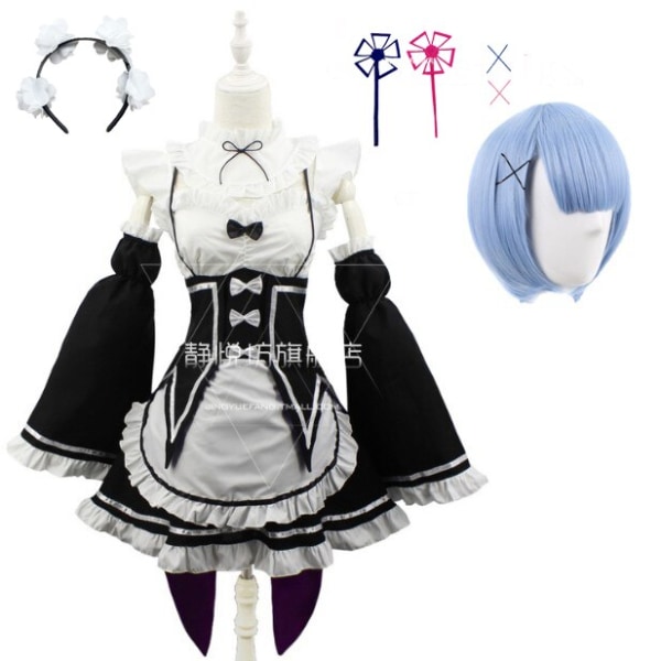 Ram/Rem Cosplay Re:zero Kara Hajimeru Isekai Seikatsu musta sininen punainen asu piika palvelijatar mekko package 10 S