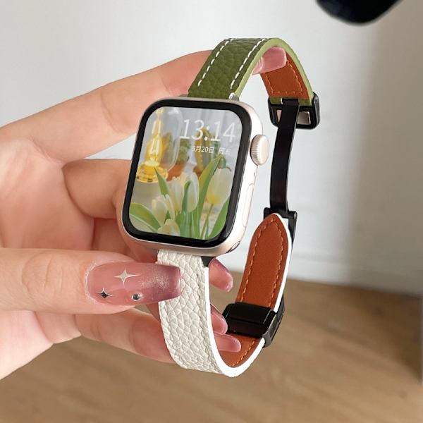 Kellon ranneke Apple Watch iWatch SE/4/5/6 40mm:lle, litsikuvioinen magneettisolki - vihreä ja maitomainen valkoinen