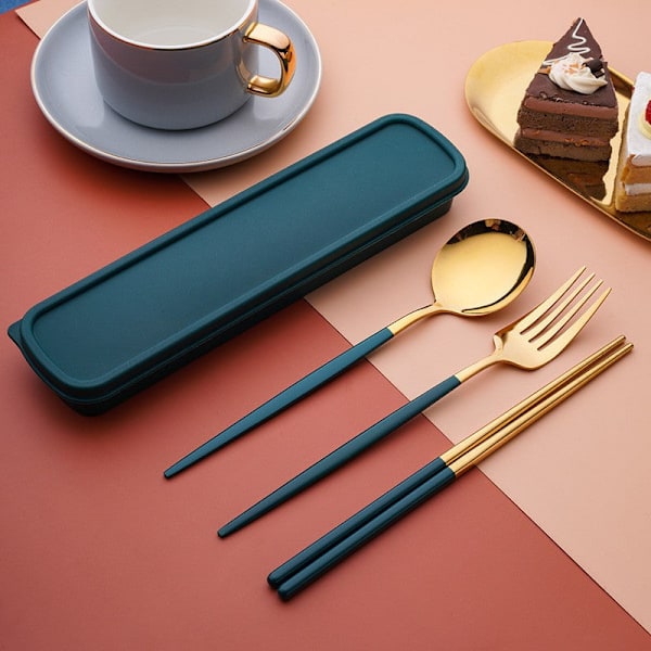 Rustfritt stål Praktisk Bestikk Spisepinner Skje Sett Portugisisk Bestikk Tredelt Sett Gave til Studenter Black and Gold three-piece set