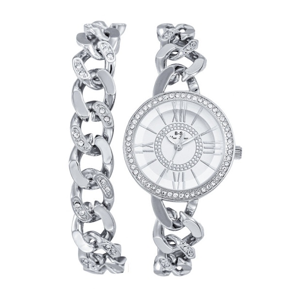 Let Luksus Dameur Romersk Urskive Fuld Diamant Quartz Ur Mode Simpelt Dobbelt Kædeur Silver