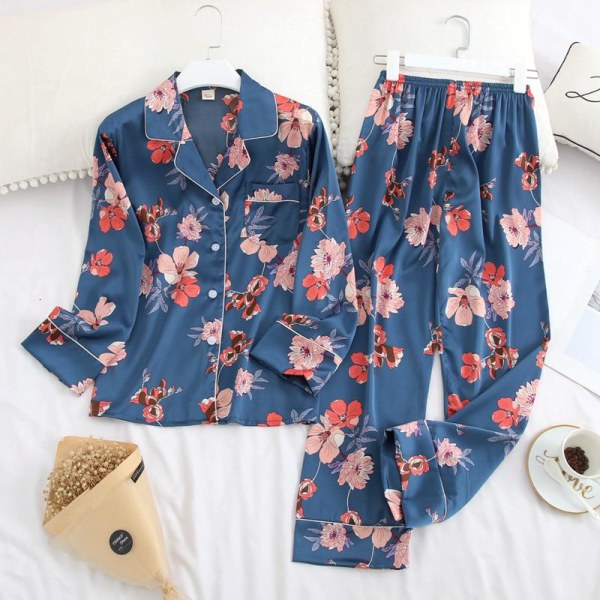 Långärmad pyjamas Höst Is-silke Långärmad byxdress Tryck Mode Pyjamas Set Blue wash M