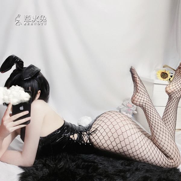Tekonahkainen pupu-asusetti naisille, puputyttö-asu KDA ALL OUT -asu seksikäs cosplay naisille, pupupuku haalari LOL-peli With stockings L