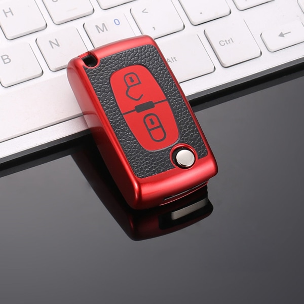 TPU Läder 2/3 Knappar Bil Fjärrnyckel Fodral Skydd för Citroen C2 C3 C4 C5 C6 C8 för Peugeot 107 207 307 307S 308 407 607 3button red