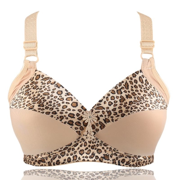 Dam Plus Size BH Leopardtryck Trådlösa BH:ar Justerbar Behå Tunn Kupa Underkläder Beige 42D