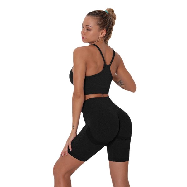 Europeisk och amerikansk stickad sömlös vikning Peach Hip Raise Yoga Shorts Sport Yoga Fitness Sport BH Kostym 6205 bra shorts set-Black S