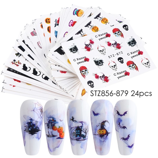 Halloween-serien Nagelklistermärke Set Söt pumpa skalle överföringsreglage för naglar Vattenstämpel Tillfälliga tatueringar Dekaler CHSTZ856-879 STZ856-879 24pcs