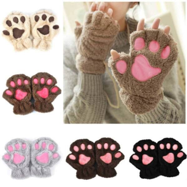 Kawaii Katt Handskar för Kvinnor Mode Flickor Katt Klo Tass Plysch Vantar Varma Mjuka Plysch Korta Fingerlösa Halvfinger Vinterhandskar Blue2 One Size