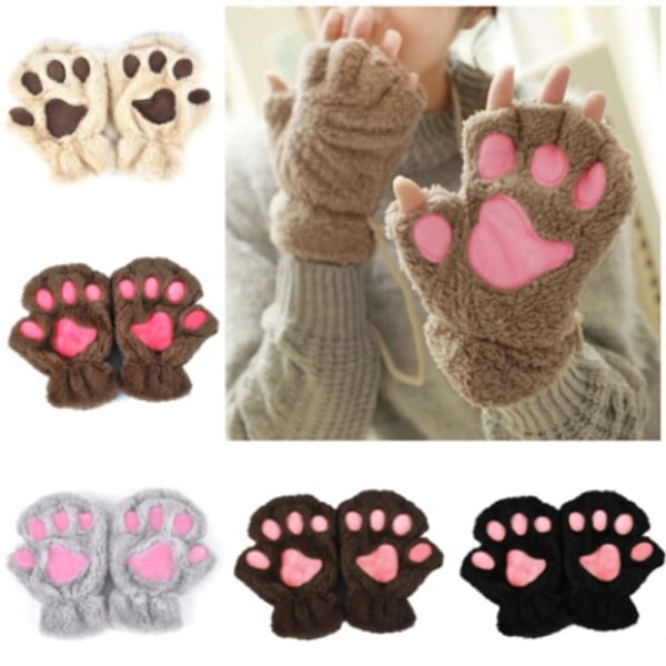 Kawaii Katt Handskar för Kvinnor Mode Flickor Katt Klo Tass Plysch Vantar Varma Mjuka Plysch Korta Fingerlösa Halvfinger Vinterhandskar Purple1 One Size