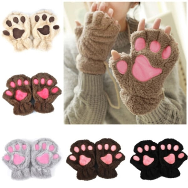 Kawaii Kvinnor Katthandskar Mode Flickor Katt Klo Tass Plysch Vantar Varm Mjuk Plysch Kort Fingerlösa Halvfinger Vinterhandskar Light Brown One Size