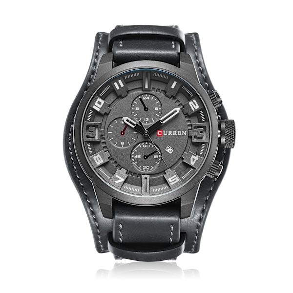 Herreklokke Kalenderklokke Vanntett Quartz Belteklokke Black Shell Gray