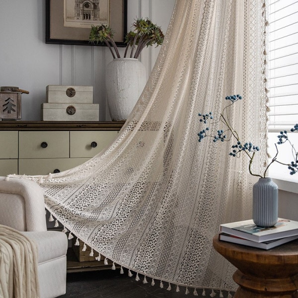 Gardin Amerikansk Stil Virkad Ihålig Tofs Mörkläggande Sovrum Kök Vardagsrum Fönstergardiner för Heminredning Beige W150xH220cm