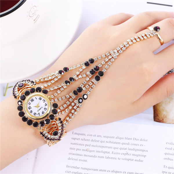 Trendiga kvinnors Diamond Claw Chain Ring Set Watch Purple