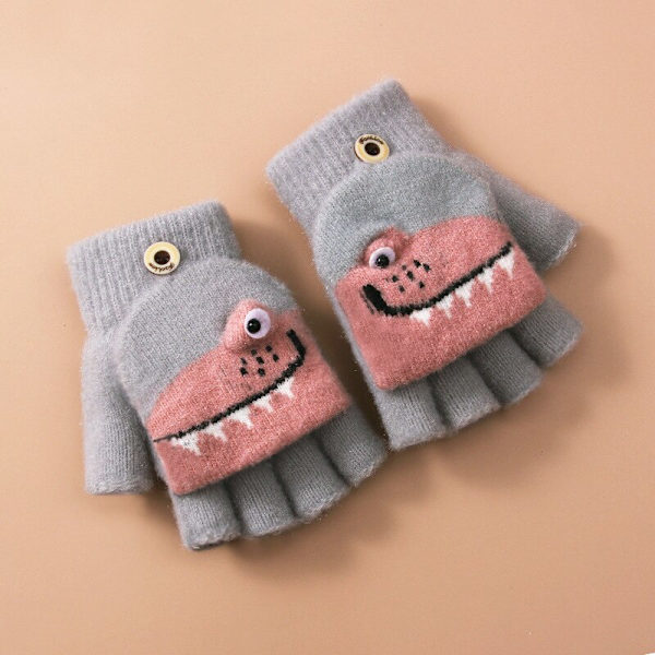 Småbørn Vinter Strikkede Fingerløse Tegneserie Handsker Tykke Varme Udendørs Skrive Konvertible Flip Top Halv Finger Vanter 6-10 År Gray Dino