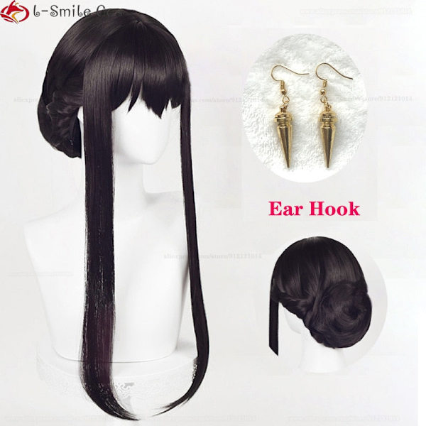 Anime SPY×FAMILY Yor Forger Pitkät Mustat Cosplay Peruukki Hiukset Lämmönkestävä Synteettinen SPY FAMILY Halloween Roolileikki Peruukit + Peruukkihattu Wig A and Earrings One Size