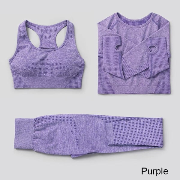 Set Träning Sportkläder Gymkläder Fitness Leggings Toppar för kvinnor 3 pcs set purple M
