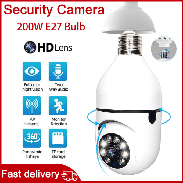 2MP E27-lampa Övervakningskamera Bildskärm Fullfärg Automatisk Mänsklig spårning 4x Digital Zoom Video Säkerhetsmonitor inomhus Only Camera Overseas