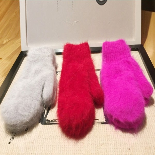 Elastiska helfingerhandskar för damer, söta kaninullshandskar, vintervantar för kvinnor, mode enfärgade vantar, tjocka varma handskar Red One Size