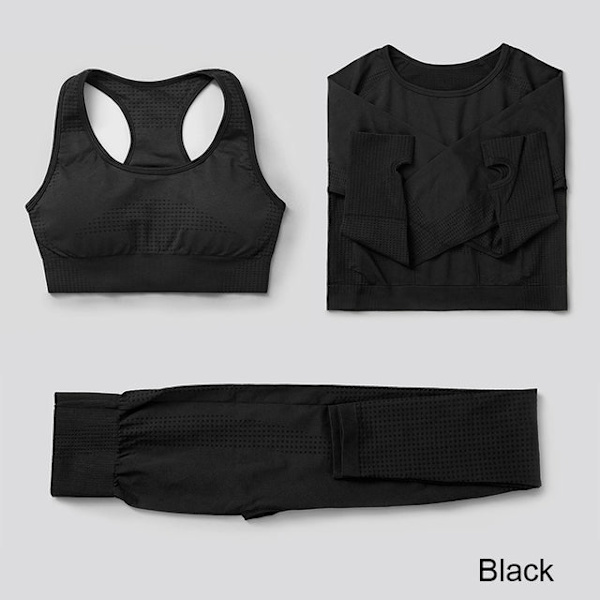 Yoga Set Träningskläder Sportkläder Gym Kläder Fitness Leggings Toppar För Kvinnor 3 pcs set black M