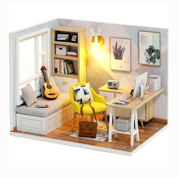Cutebee DIY Dukkehussett Med Møbler LED-Lys DIY Miniatyr Byggesett Lite Hus Treleker for Barn Voksen As  photo QT07A