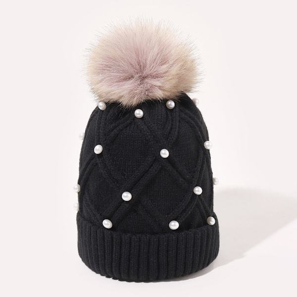 Yllemössa för damer, stickad, koreansk stil, varm fluffig bollmössa för höst och vinter, förtjockad, passar till allt, ansiktsförminskande resemössa Black Average size